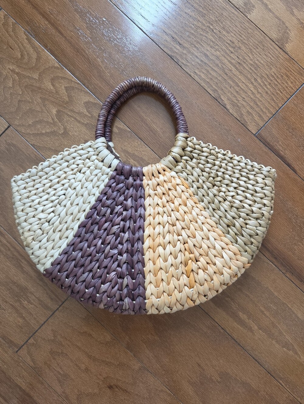 Woven Straw Half-Moon Tote Bag in Natural, Tan & Brown